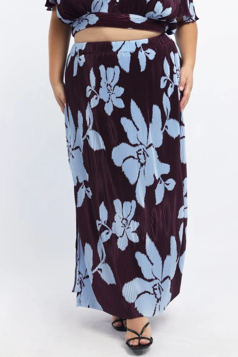 Purple Abstract Plisse Pleated Floral Print Maxi Skirt 2 Purple Abstract Plisse Pleated Floral Print Maxi Skirt - Image 2