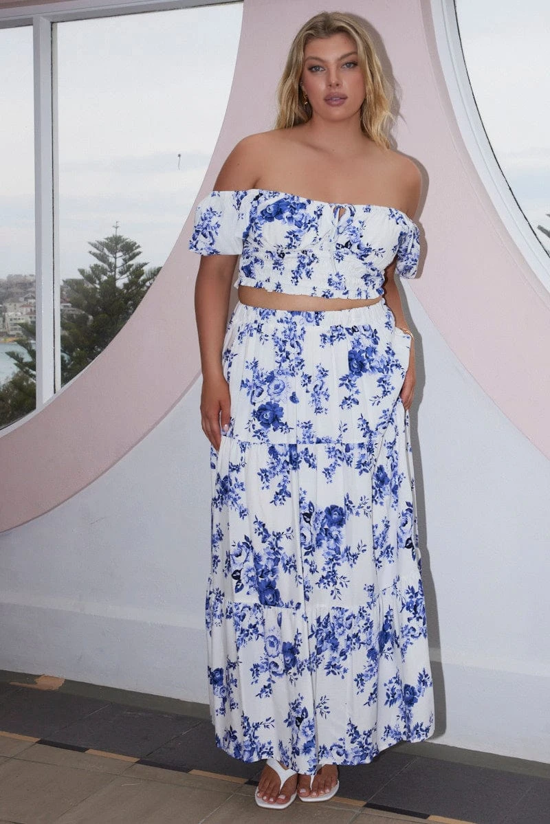 Blue Floral Tiered Elastic Waist Maxi Skirt 1 Blue Floral Tiered Elastic Waist Maxi Skirt