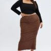 Brown Maxi Skirt Asymmetric Rib