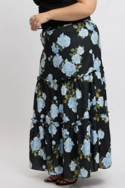 Black Floral Elastic Waist Tiered Maxiskirt -You And All Fashion Store csl17436 35a floral 4