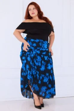 Blue Abstract Elastic Waist Tie Front Maxiskirt