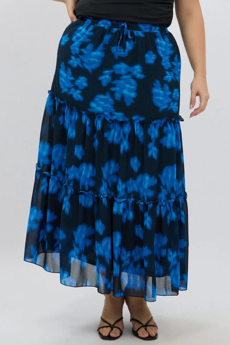 Blue Abstract Elastic Waist Tie Front Maxiskirt 2 Blue Abstract Elastic Waist Tie Front Maxiskirt - Image 2