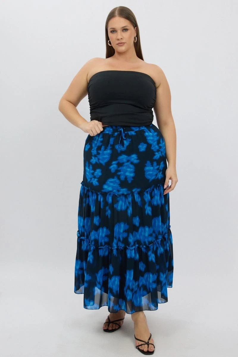 Blue Abstract Elastic Waist Tie Front Maxiskirt 3 Blue Abstract Elastic Waist Tie Front Maxiskirt - Image 3