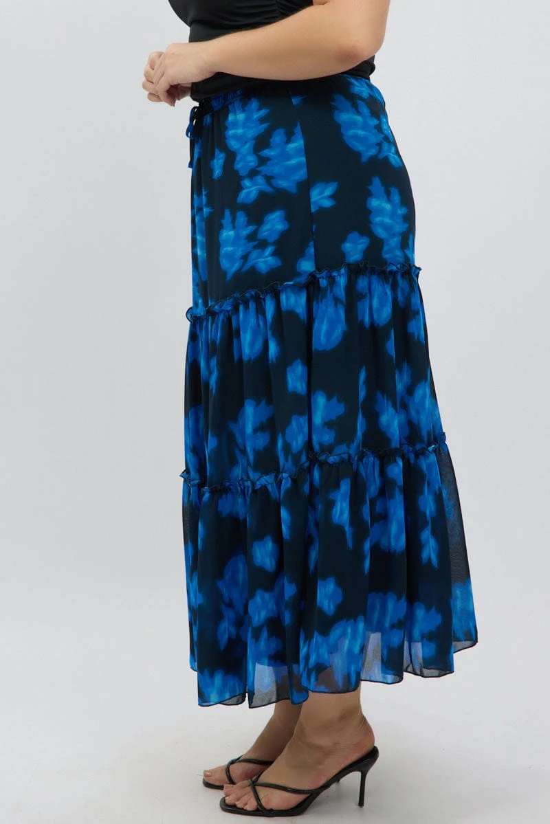 Blue Abstract Elastic Waist Tie Front Maxiskirt 4 Blue Abstract Elastic Waist Tie Front Maxiskirt - Image 4