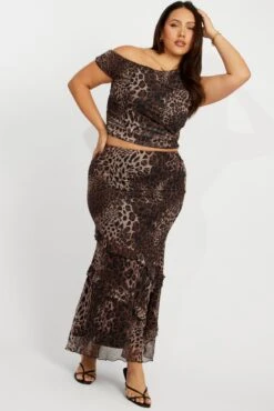 Brown Animal Print Frill Leopard Maxiskirt