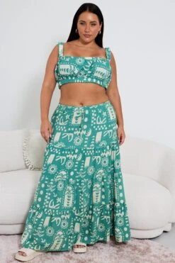 Green Abstract Linen Blend Tiered Drawstring Waist Maxiskirt