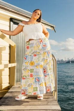 Multi Abstract Elastic Waist Linen Blend Tiered Maxiskirt