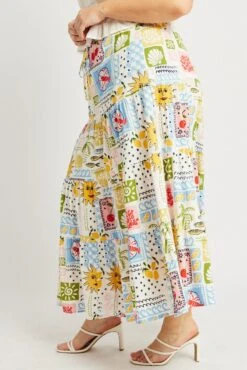 Multi Abstract Elastic Waist Linen Blend Tiered Maxiskirt -You And All Fashion Store csl2345j 47a abstract 4