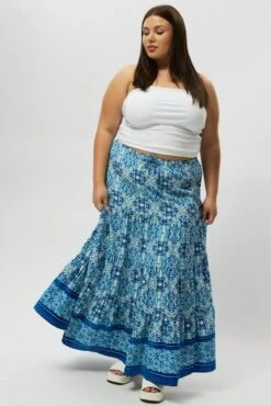 Blue Boho Elastic Waist Border Print Tiered Maxiskirt -You And All Fashion Store csl2345j 47ab boho 3