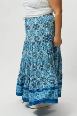 Blue Boho Elastic Waist Border Print Tiered Maxiskirt -You And All Fashion Store csl2345j 47ab boho 4