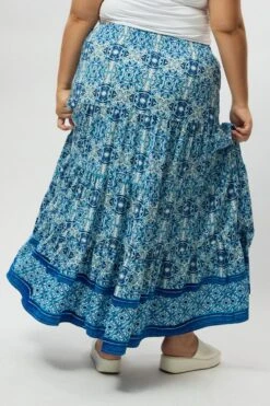 Blue Boho Elastic Waist Border Print Tiered Maxiskirt -You And All Fashion Store csl2345j 47ab boho 5