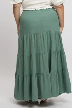Green Elastic Waist Tiered Linen Blend Maxiskirt -You And All Fashion Store csl2345jl 47a khaki 5