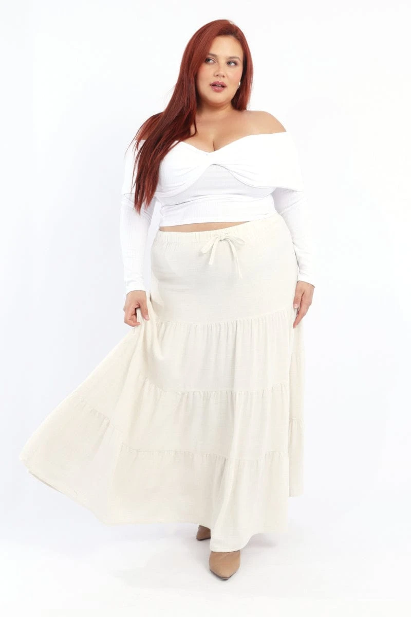 Beige Elastic Waist Tiered Linen Blend Maxiskirt 1 Beige Elastic Waist Tiered Linen Blend Maxiskirt