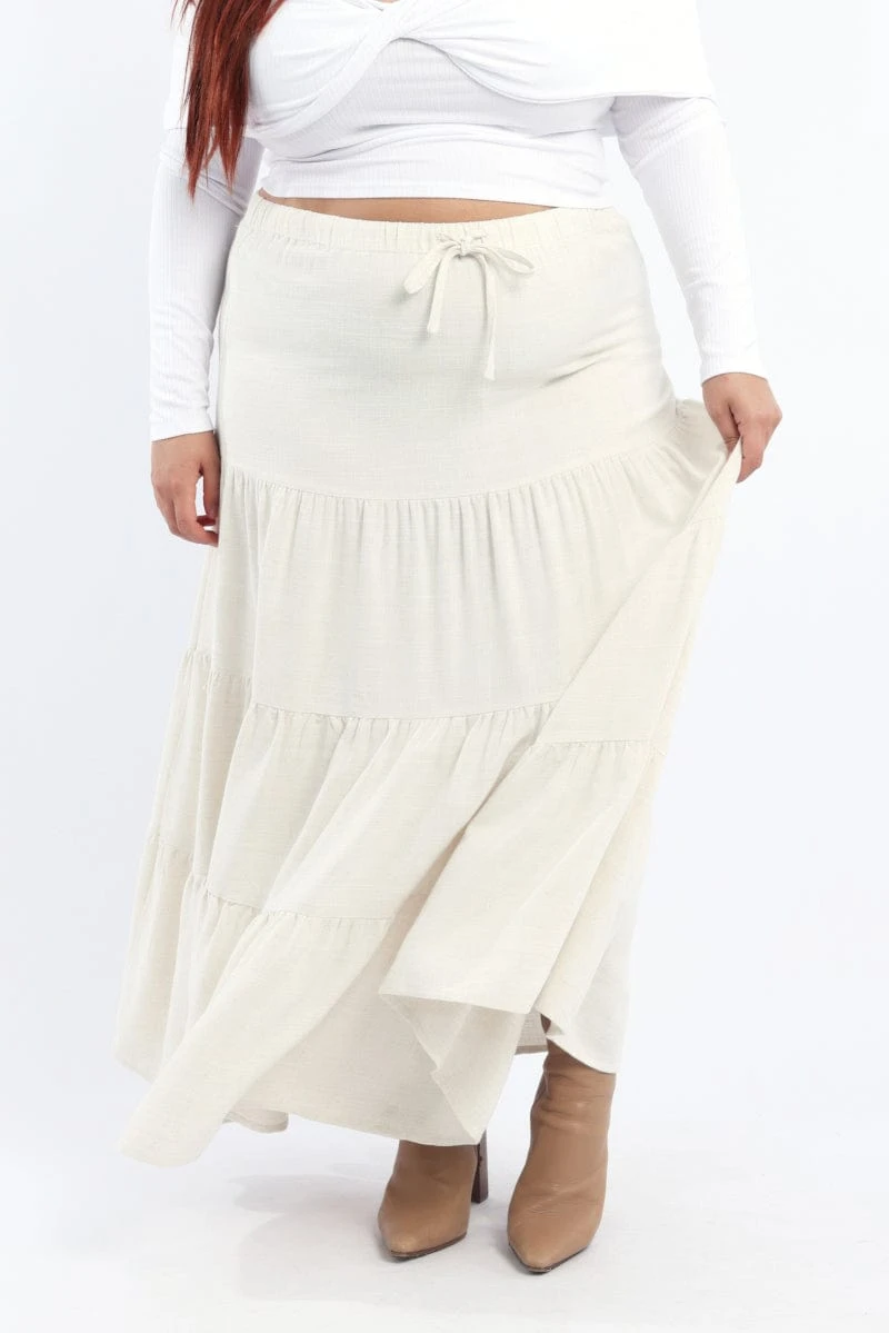 Beige Elastic Waist Tiered Linen Blend Maxiskirt 2 Beige Elastic Waist Tiered Linen Blend Maxiskirt - Image 2