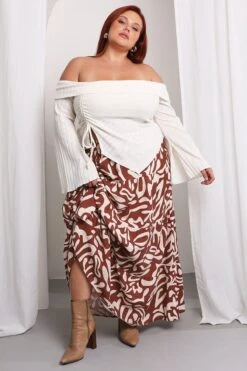 Brown Geo Linen Blend Tiered Maxiskirt