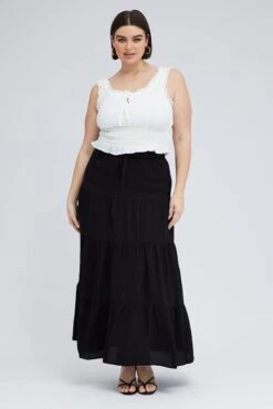 Black Maxi Skirt Tie Elastic Waist Textured -You And All Fashion Store csl25518 34ab black 3