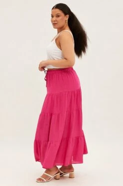 Pink Maxi Skirt High Waist Tiered -You And All Fashion Store csl25518kx 34rb hot pink 4