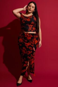 Red Abstract Stretch Frill Printed Maxi Skirt