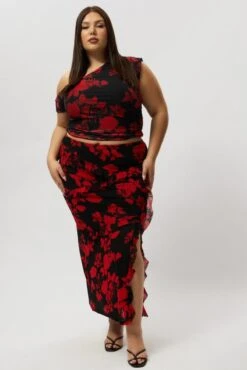 Red Abstract Stretch Frill Printed Maxi Skirt -You And All Fashion Store csl3099tx 84a abstract 3