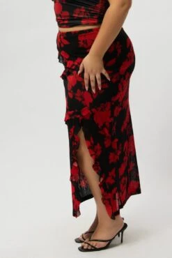 Red Abstract Stretch Frill Printed Maxi Skirt -You And All Fashion Store csl3099tx 84a abstract 4