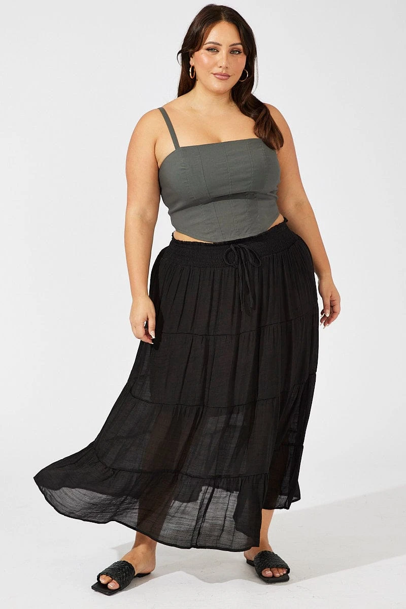 Black Shirred Waist Tie Maxi Skirt 1 Black Shirred Waist Tie Maxi Skirt