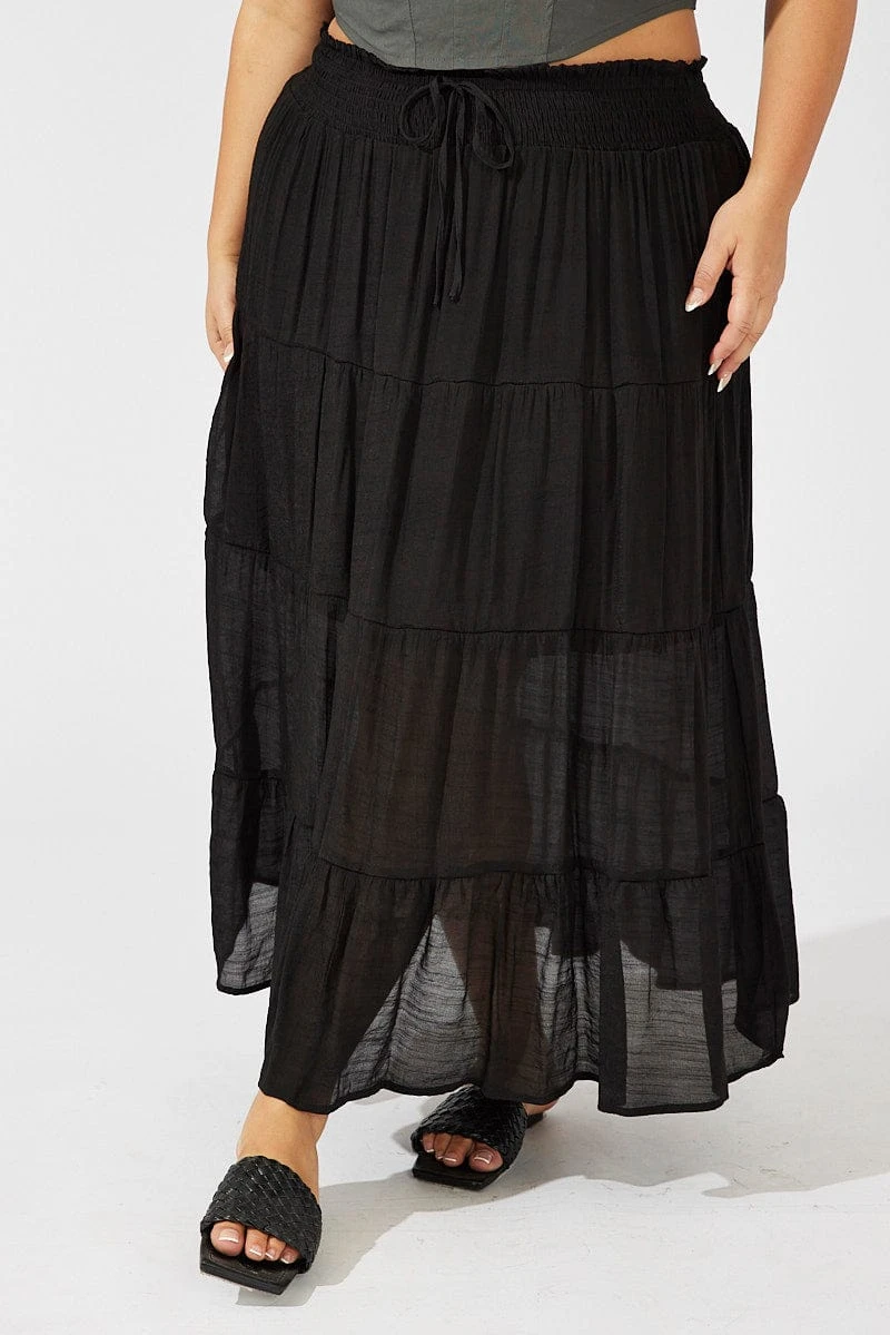 Black Shirred Waist Tie Maxi Skirt 2 Black Shirred Waist Tie Maxi Skirt - Image 2