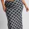 Black Check Plaid Mesh Bodycon Midi Skirt