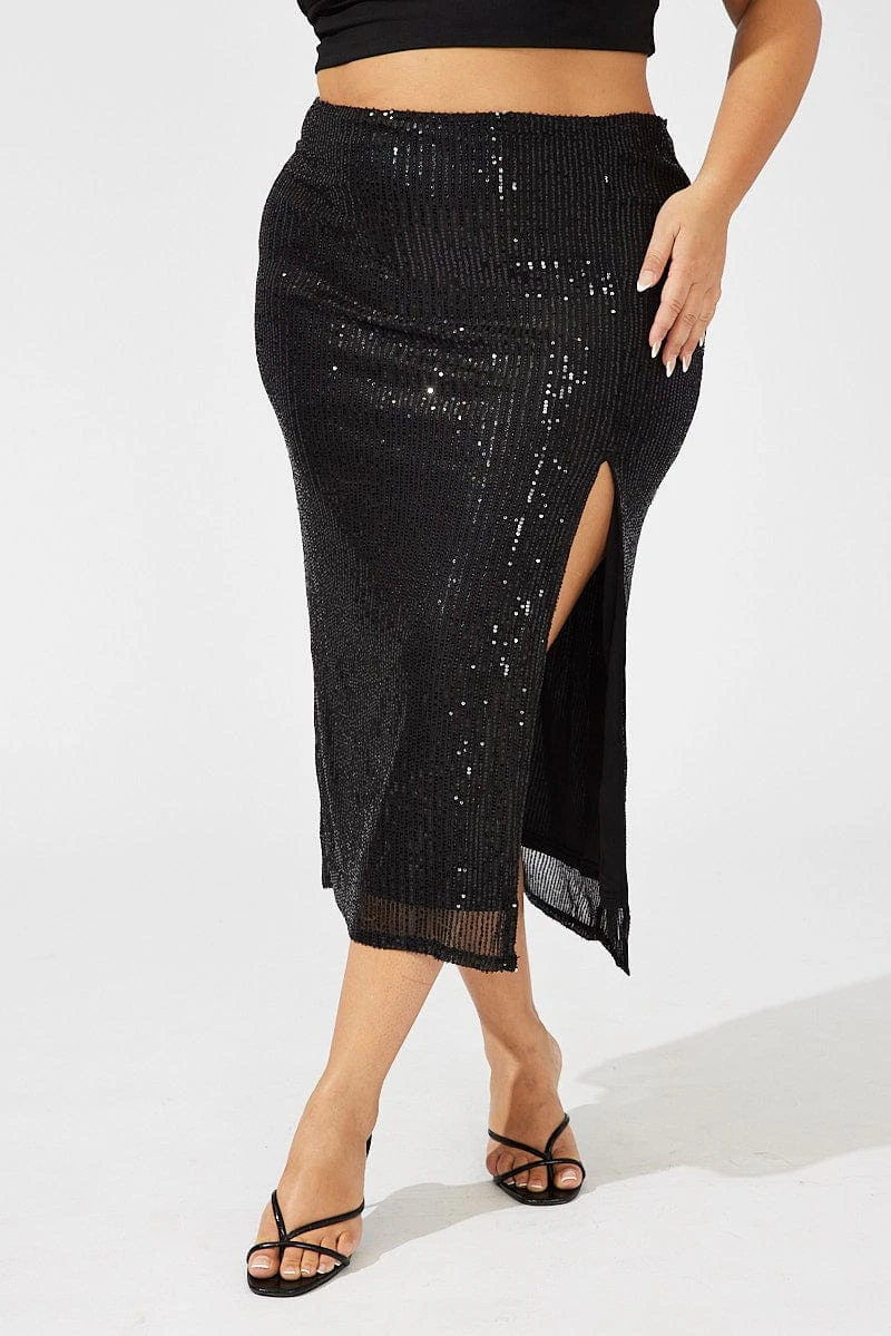 Black Long Sequin Split Skirt 2 Black Long Sequin Split Skirt - Image 2