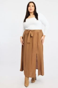 Brown Tie Waist Split Side Maxi Skirt