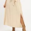 Beige Tie Waist Split Side Maxi Skirt