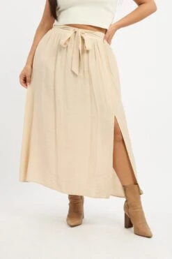 Beige Tie Waist Split Side Maxi Skirt