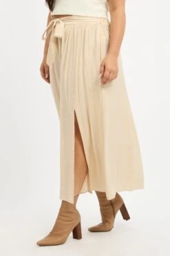 Beige Tie Waist Split Side Maxi Skirt -You And All Fashion Store csl32393a 125ab sand 3