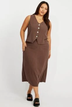 Brown Linen Blend Straight Longline Skirt