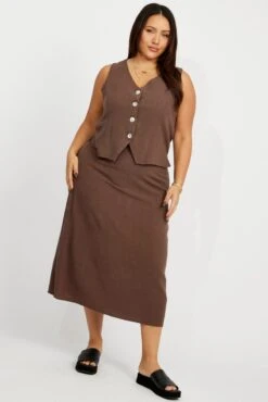 Brown Linen Blend Straight Longline Skirt -You And All Fashion Store csl32489x 35a brown 3