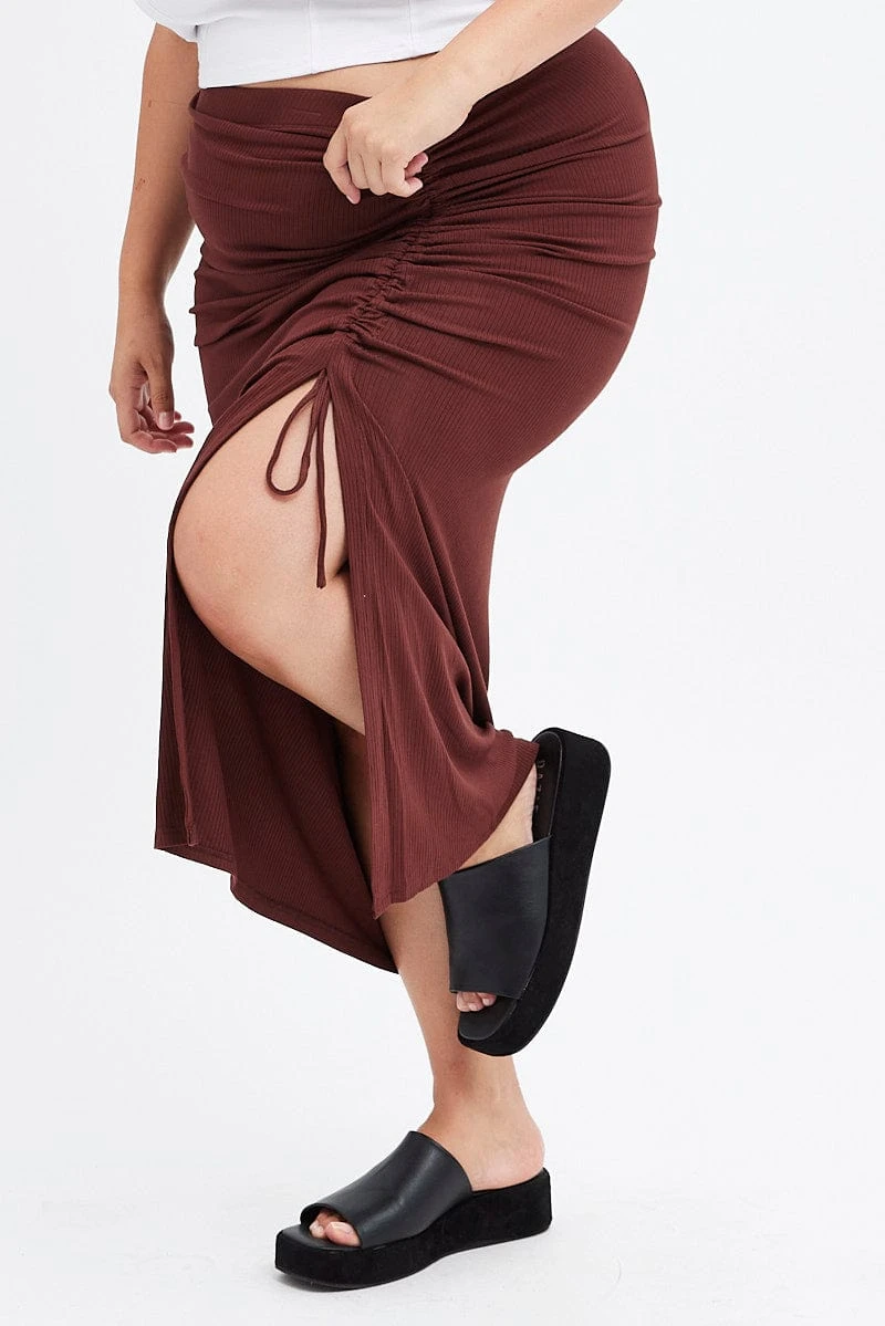 Brown Midi Skirt Rib Ruched 2 Brown Midi Skirt Rib Ruched - Image 2
