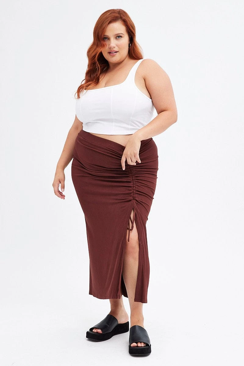 Brown Midi Skirt Rib Ruched 3 Brown Midi Skirt Rib Ruched - Image 3