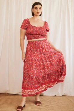 Red Boho Maxi Skirt Tiered