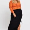 Black Rib Ruched Midi Skirt