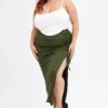 Green Rib Jersey Side Gathering Midi Skirt