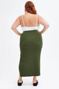 Green Rib Jersey Side Gathering Midi Skirt -You And All Fashion Store csm0009 35ab khaki 5