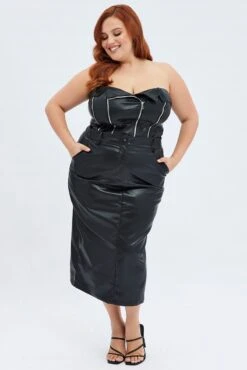 Black Midi Skirt Faux Leather Pencil High Waist -You And All Fashion Store csm0155a 46a black 4