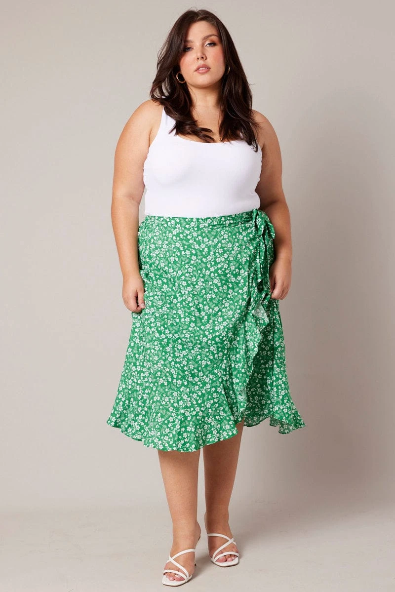 Green Ditsy Wrapover Frill Rayon Midi Skirt 2 Green Ditsy Wrapover Frill Rayon Midi Skirt - Image 2