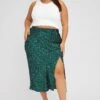 Green Polka Dot Satin Slip Skirt With Split