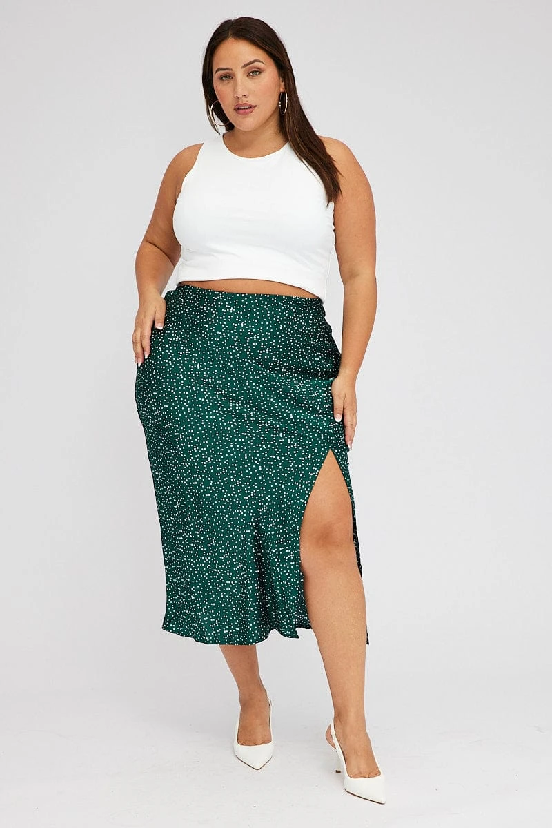 Green Polka Dot Satin Slip Skirt With Split 1 Green Polka Dot Satin Slip Skirt With Split