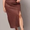 Brown Stripe Stripe Split Midi Skirt