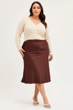 Brown Midi Satin Skirt Elastic Waist