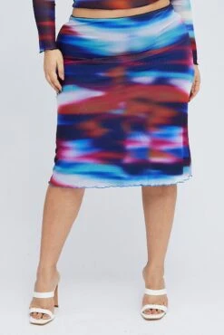 Multi Abstract Midi Skirt Mesh Lined Elastic Waist -You And All Fashion Store csm1357cx 84a abstract 2