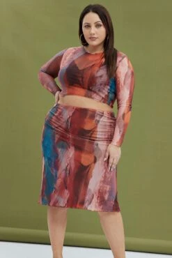 Multi Abstract Midi Skirt Mesh Landscape