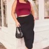 Black Rib Knit One Split Skirt