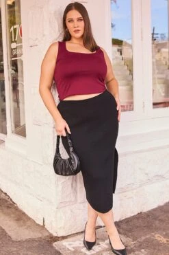 Black Rib Knit One Split Skirt
